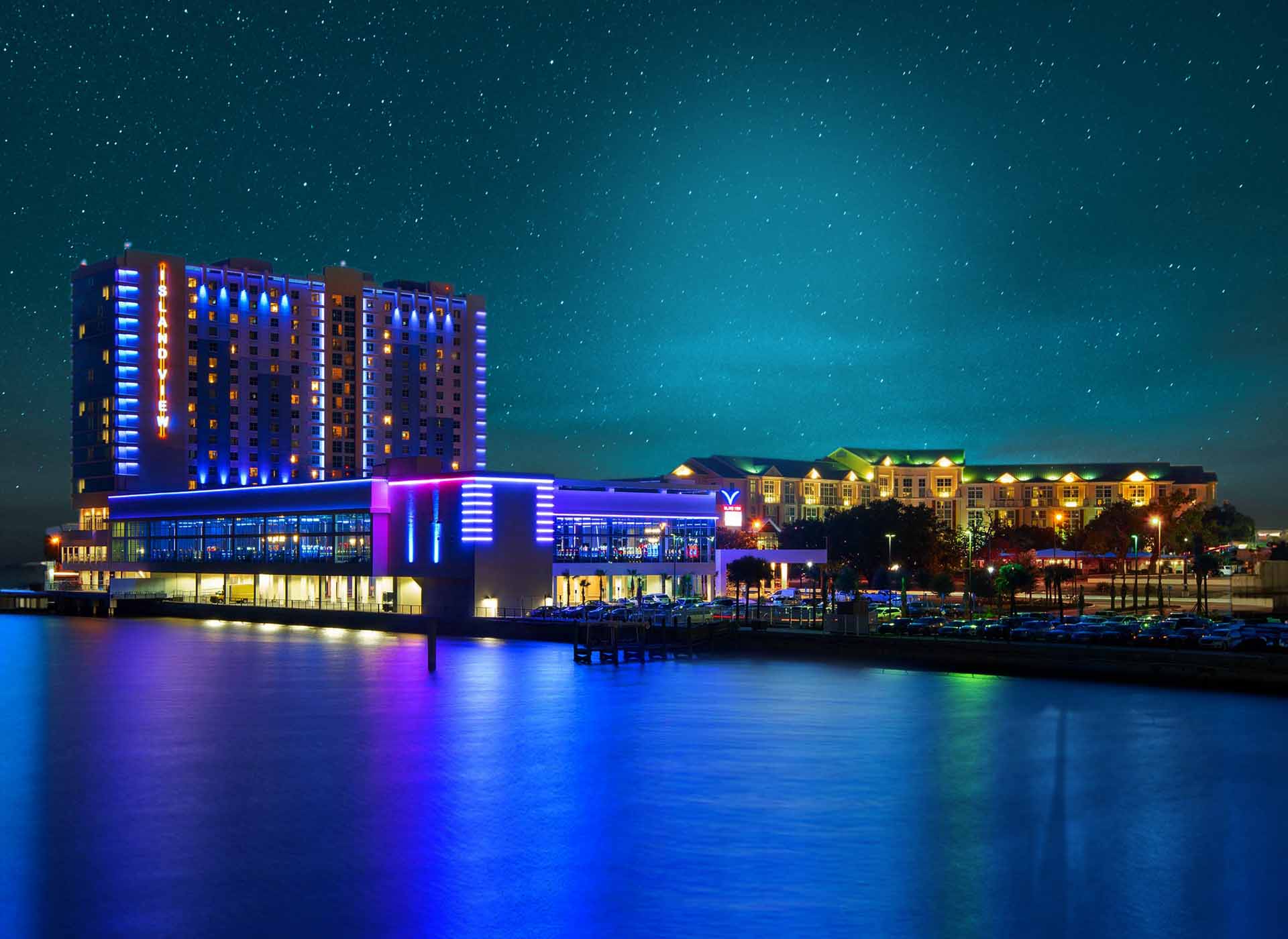 Exterior night photo of the View Casino Resorts